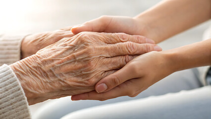 Warmth of compassion, young caring hands gently holding elderly wrinkled hand offering support and love, illustrating intergenerational connection and care