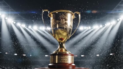 Golden trophy standing proudly on display under bright stadium lights
