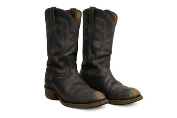 Worn cowboy boots standing on transparent background, showing vintage western footwear fashion and rugged lifestyle
