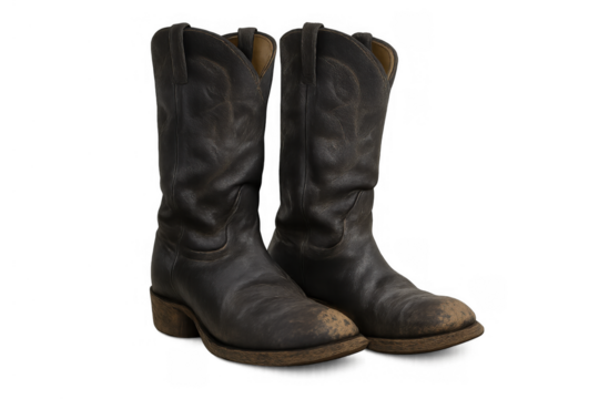 Worn cowboy boots standing on transparent background, showing vintage western footwear fashion and rugged lifestyle
