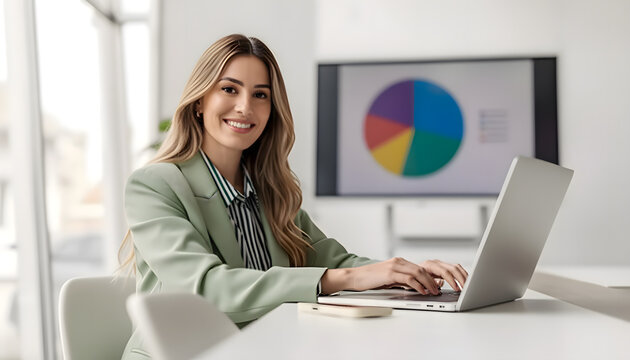 Confident businesswoman, wearing a green blazer and striped shirt, typing on her laptop in a modern office with statistical charts.