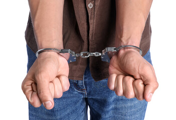 Man in handcuffs on white background, closeup