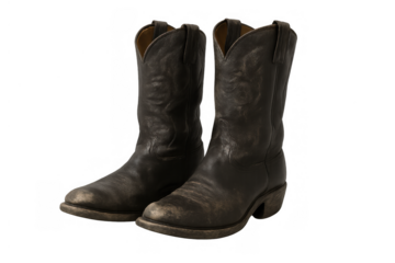 Worn cowboy boots on transparent background, symbolizing rustic western culture, authentic footwear, and durable leather fashion