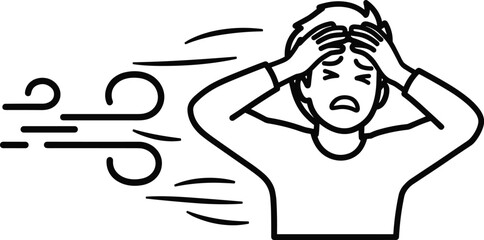 cad drawing flat vector illustration, wind pressure concept, stressed person graphic, mental discomfort, anxiety symbol, environmental stress, black line art