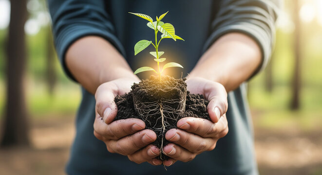 Person holding sapling, faceless editorial image of sustainability and climate awareness.