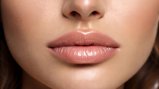 Gorgeous woman's face closeup featuring a glossy, nude lip, perfect for beauty product promotions or makeup tutorials with an elegant, natural look