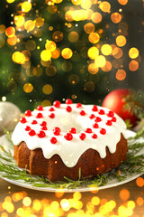 Tasty Christmas cake with red currants and festive balls on table. Bokeh lights