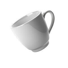 A simple white ceramic mug with a handle is shown at an angle against a stark black background with subtle lighting reflecting off its glossy surface, highlighting its smooth curves and clean design