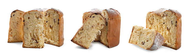 Christmas food. Delicious Panettone cakes isolated on white, set