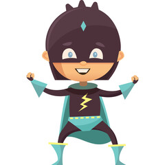 Cartoon Boy Superhero With Lightning Bolt Emblem On Chest Wearing Blue Cape And Mask Ready To Fight In Dynamic Pose