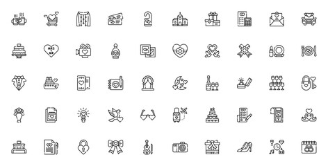 Wedding icon set. Vector illustration pack. Includessymbols for love, ring, cae, gift, bouquet, honeymoo, celebration, invitation nd more. Editable stroke.
