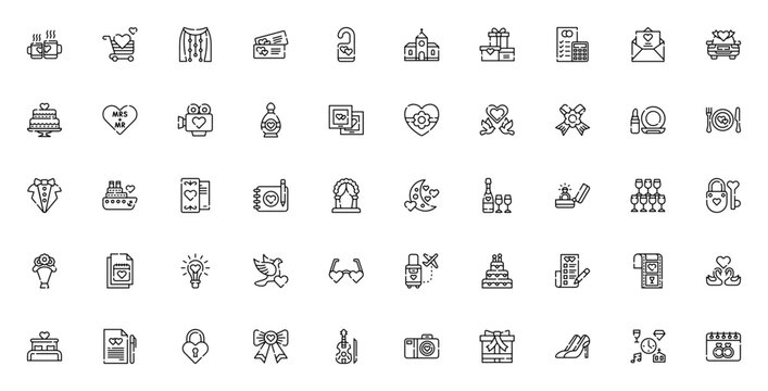 Wedding icon set. Vector illustration pack. Includessymbols for love, ring, cae, gift, bouquet, honeymoo, celebration, invitation nd more. Editable stroke.