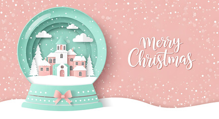Paper cut-out style snow globe with a charming winter village scene, set against a soft pink background with falling snow and 'Merry Christmas' text.