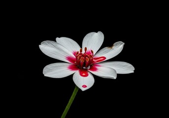 Abstract view of a fragile white bloom showing deep red sap or liquid oozing from its structure, symbolizing vulnerability and natural decay ,white ,sap ,injury
