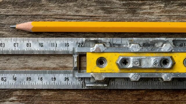 Medium shot of a manual cutting guide with a ruler and pencil highlighting precise measurement and handson trimming techniques on a wooden surface.