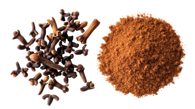 Whole and ground cloves spice isolated on transparent background