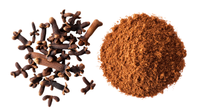 Whole dried cloves and ground clove spice isolated on transparent background