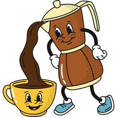 Cartoon Coffee Maker Pouring Hot Coffee Into Cheerful Yellow Cup With Face Transparent Background