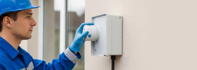 Man in blue hard hat and uniform adjusting a smart home device on an outdoor wall, representing smart home installation and maintenance service.