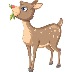 Cartoon Deerling With Spotted Tan Coat Holding Green Leaves In Mouth And Blue Eyes Looking Forward In A Transparent Background