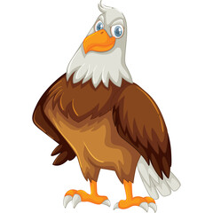 Cartoon Eagle Bird with Brown Wings White Neck and Orange Beak Standing Proudly on Transparent Background