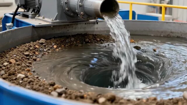 Side angle medium shot of grit extraction in a vortex system highlighting sediment settling and clean water discharge for equipment safety.