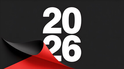 Minimalist 2026 New Year Banner with Black Page Peel Effect Revealing Red Underlay