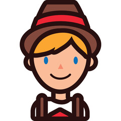 Cartoon Character Wearing A Brown Hat With Red Band And A White Shirt With Brown Straps Smiling Friendly Blue Eyes Blonde Hair Caucasian Male Portrait