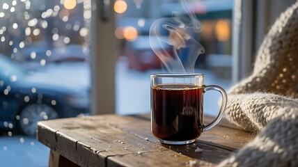 Warm coffee by window: hygge winter morning comfort