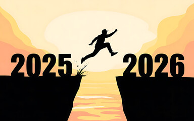 Jumping into 2026: Silhouette of Man Leaping Over Cliff Gap at Sunset