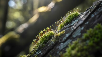 Macro view: dew-kissed moss & lichen on tree bark in soft sunlight