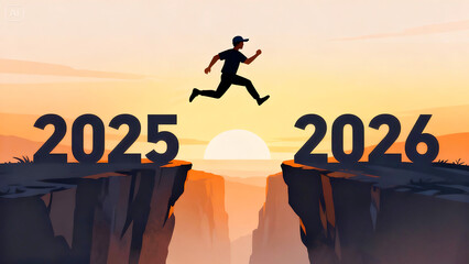 Leaping from 2024 to 2025: Silhouette of Businessman Jumping Across Cliff 