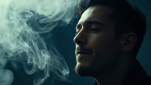A person in profile exhales a thick cloud of white vapor against a dark background creating swirling patterns and rings