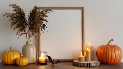 Halloween mockup frame: pumpkins, candles & autumn decor