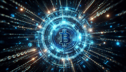 A digital representation of the cryptocurrency symbol surrounded by glowing, futuristic connections. This image is perfect for tech, finance, and blockchain-related projects.