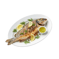 Whole Grilled Fish Served with Lemon Slices and Olive Oil on a White Oval Plate with a Black Background Detailed Professional Food Photography