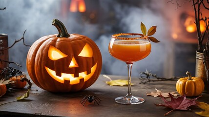 Eerie halloween jack-o'-lantern with spiced autumn cocktail