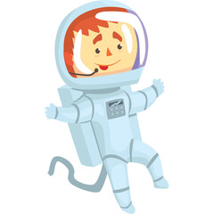Cartoon Child Astronaut Wearing White Spacesuit Floating In Space With Red Hair And Blue Helmet Enjoying Zero Gravity