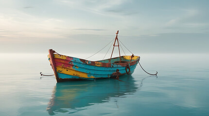 Obraz premium A vibrant wooden boat painted in multiple colors, gently floating on calm waters as the day turns to dusk. This serene and colorful scene captures the beauty of nature and peaceful moments on the wat