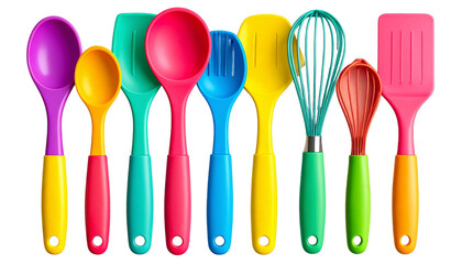  Colorful Kitchen Utensil Set with Whisk, Dough Scraper, and Measuring Spoons – Top View PNG