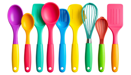  Colorful Kitchen Utensil Set with Whisk, Dough Scraper, and Measuring Spoons – Top View PNG