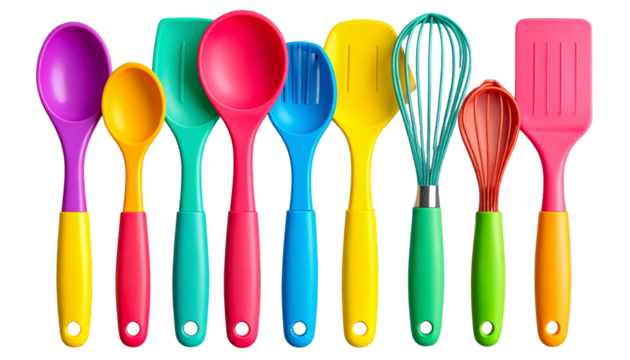  Colorful Kitchen Utensil Set with Whisk, Dough Scraper, and Measuring Spoons – Top View PNG