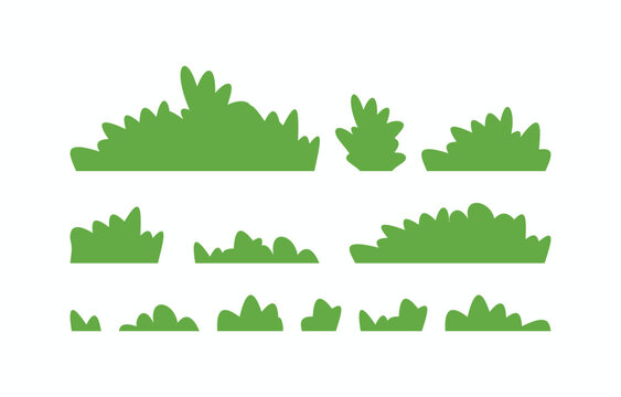 Set of bright green bush vector silhouettes in a simple cartoon style. Essential nature elements for 2D game assets, sprites, and environmental design