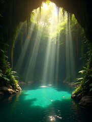 Gentle sunbeams filter through the dense green foliage of a lush forest, casting a peaceful and serene light over the landscape. This tranquil scene is perfect for nature and wellness-related designs.