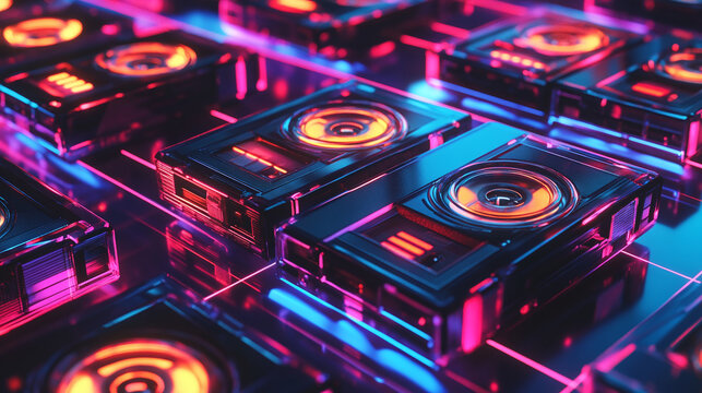 80s-style cassette tapes with colorful, vibrant labels, floating across a glowing, neon-infused grid, capturing the essence of retro audio technology and pop culture in a vivid and energetic design.