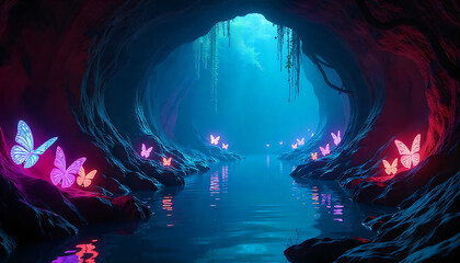A hidden cenote fused with neon bioluminescent flora, creating a glowing, otherworldly scene. The vibrant colors and magical lighting evoke a sense of discovery and natural wonder, perfect for fantasy