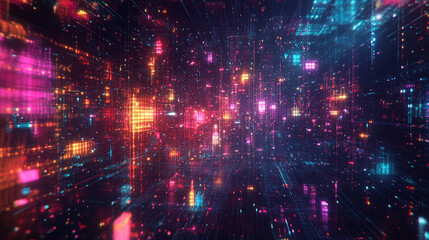 90s-style retro grid with dark, saturated colors and pixelated neon lights, creating an 8-bit world effect with gridlines stretching infinitely