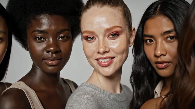 Group of five beautiful diverse women with unique skin tones smiling in studio shot