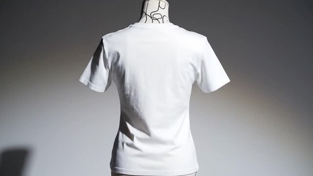 Back view of a plain white cotton t-shirt on a mannequin, a timeless blank canvas for creative design and everyday wear