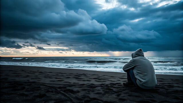 Brooding sky over the ocean as a lone figure in a hoodie contemplates the waves, embracing solitude and reflection on a serene and stormy beach